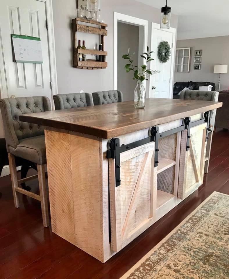Rustic Farmhouse Kitchen Island With Drawers & Barn Doors